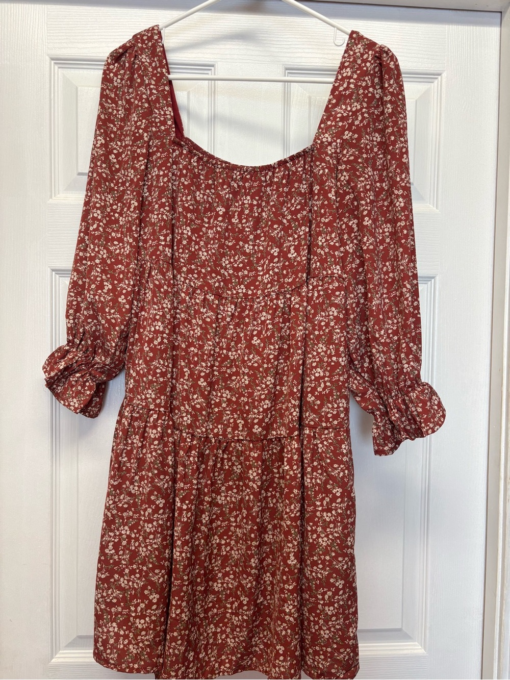 She + Sky Floral Square Neck Tiered Mini Dress 3/4 Sleeves- Rust Small